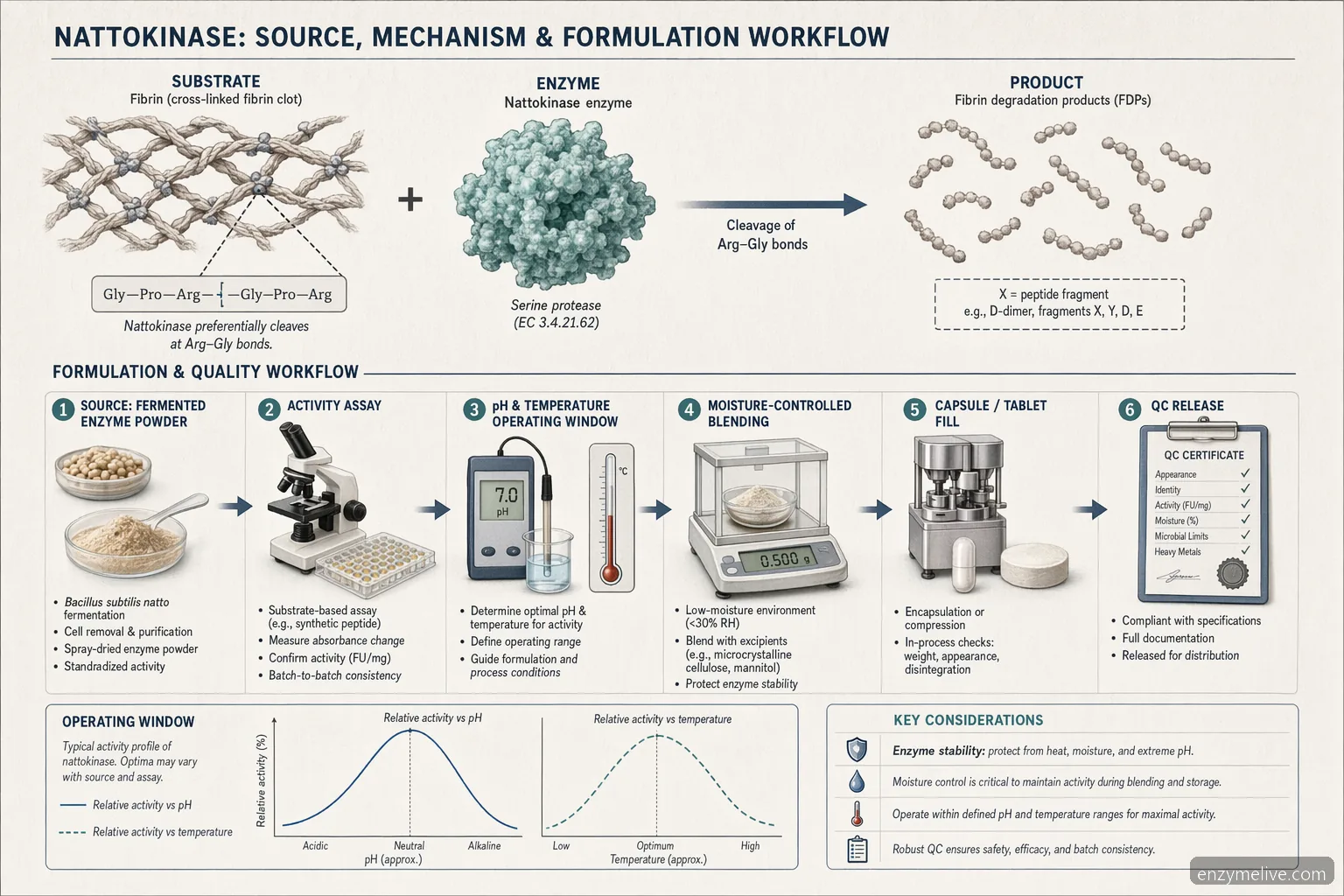 nattokinase australia process diagram mapping enzyme activity, pH and temperature controls, blending, and QC release