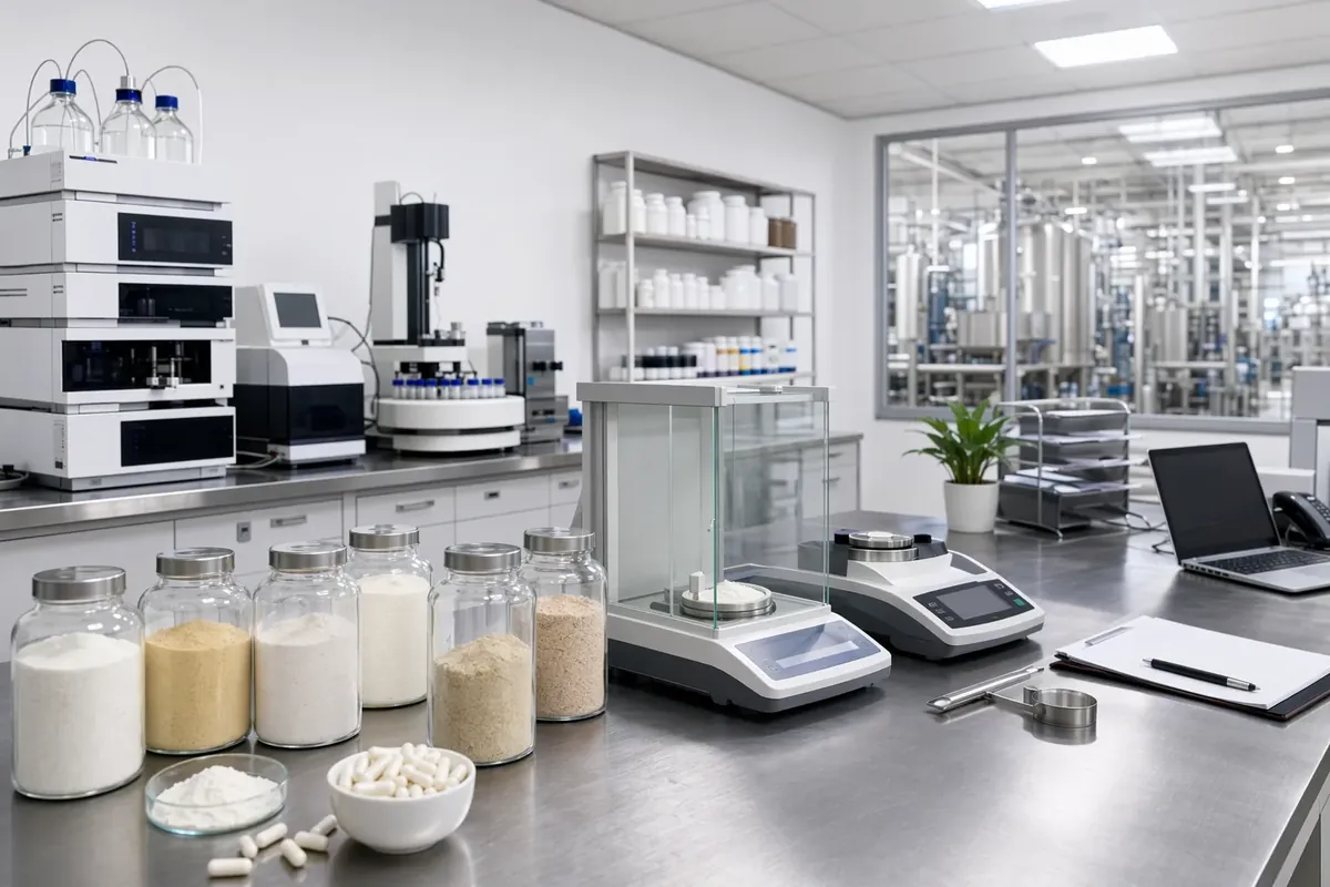 Quality control lab with HPLC instruments, balances and retained powder sample jars