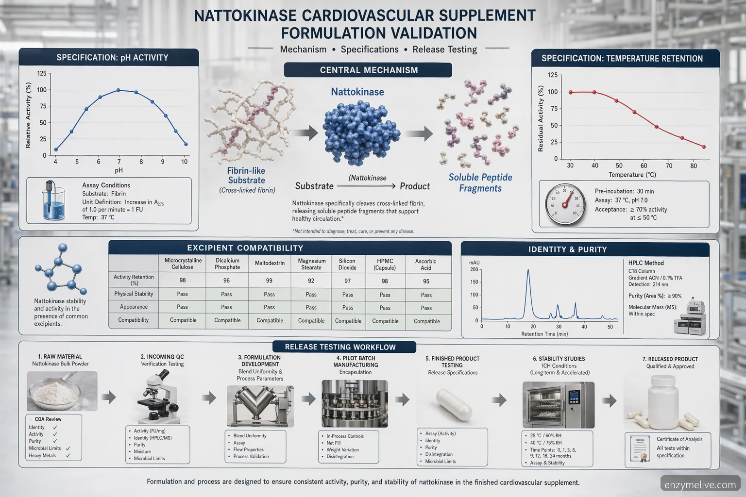 nattokinase cardiovascular formulation diagram showing activity retention across pH, temperature, excipients, and release tests