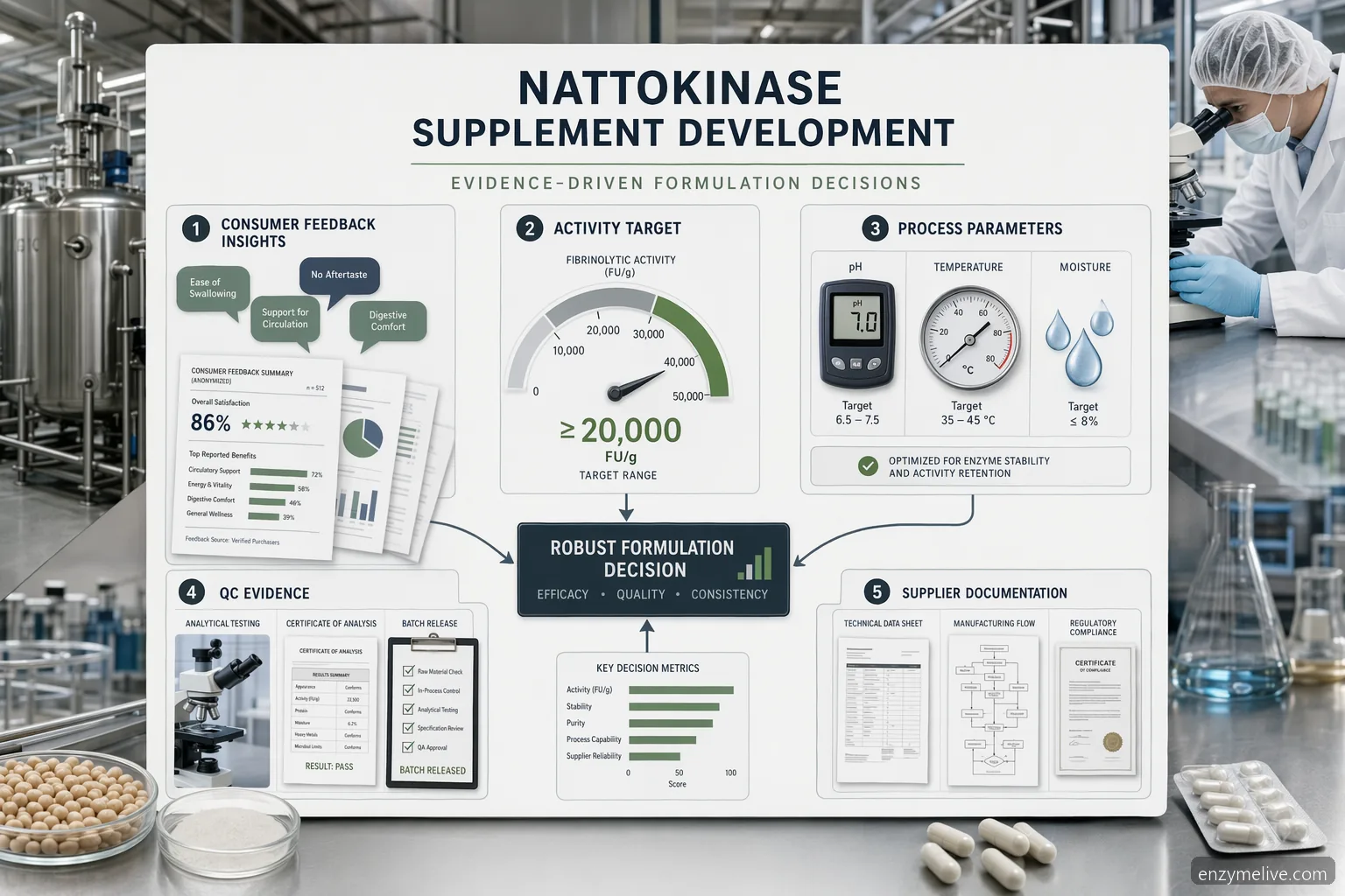 nattokinase erfahrungsberichte industrial supplement formulation dashboard combining feedback, enzyme activity, QC data