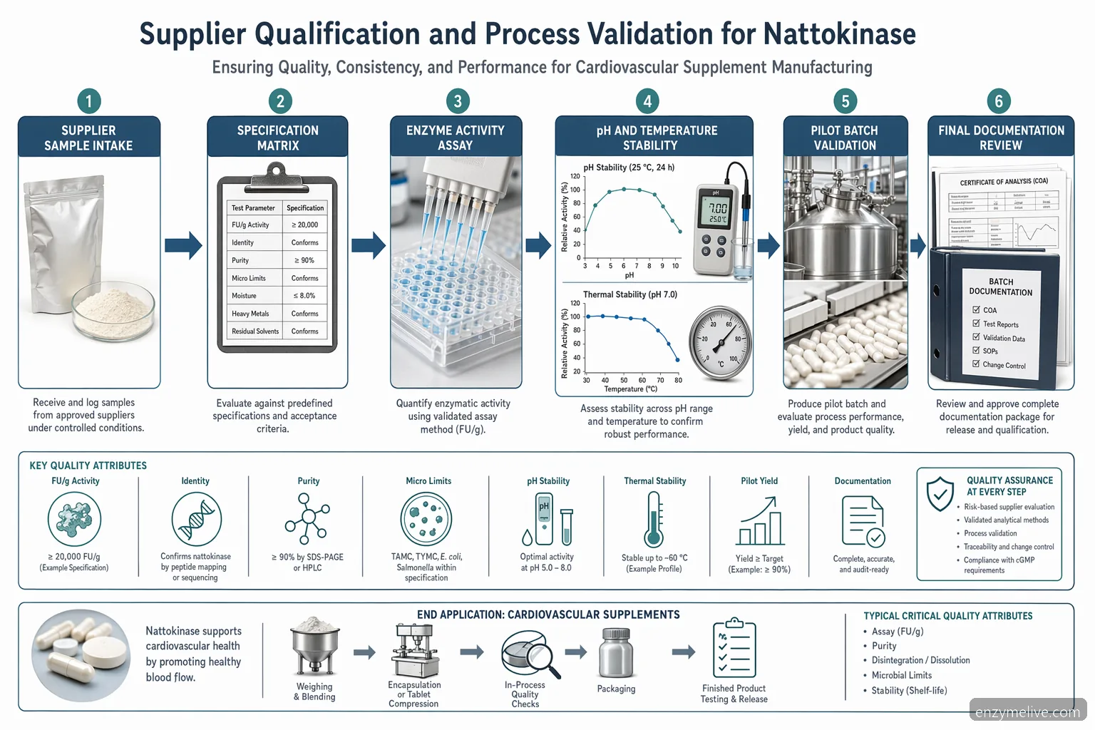 nattokinase where to buy process diagram mapping enzyme activity, pH stability, pilot validation, and COA checks